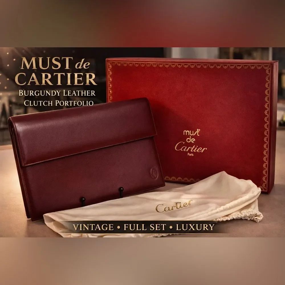 Must de Cartier Burgundy Leather Clutch w/ Box & Dust Bag | Vintage Luxury